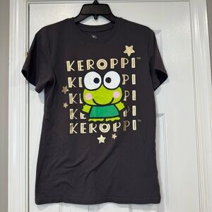 Keroppi Sanrio Hello Kitty Short Sleeve Shirt Dark Gray Womens Small Green Gold